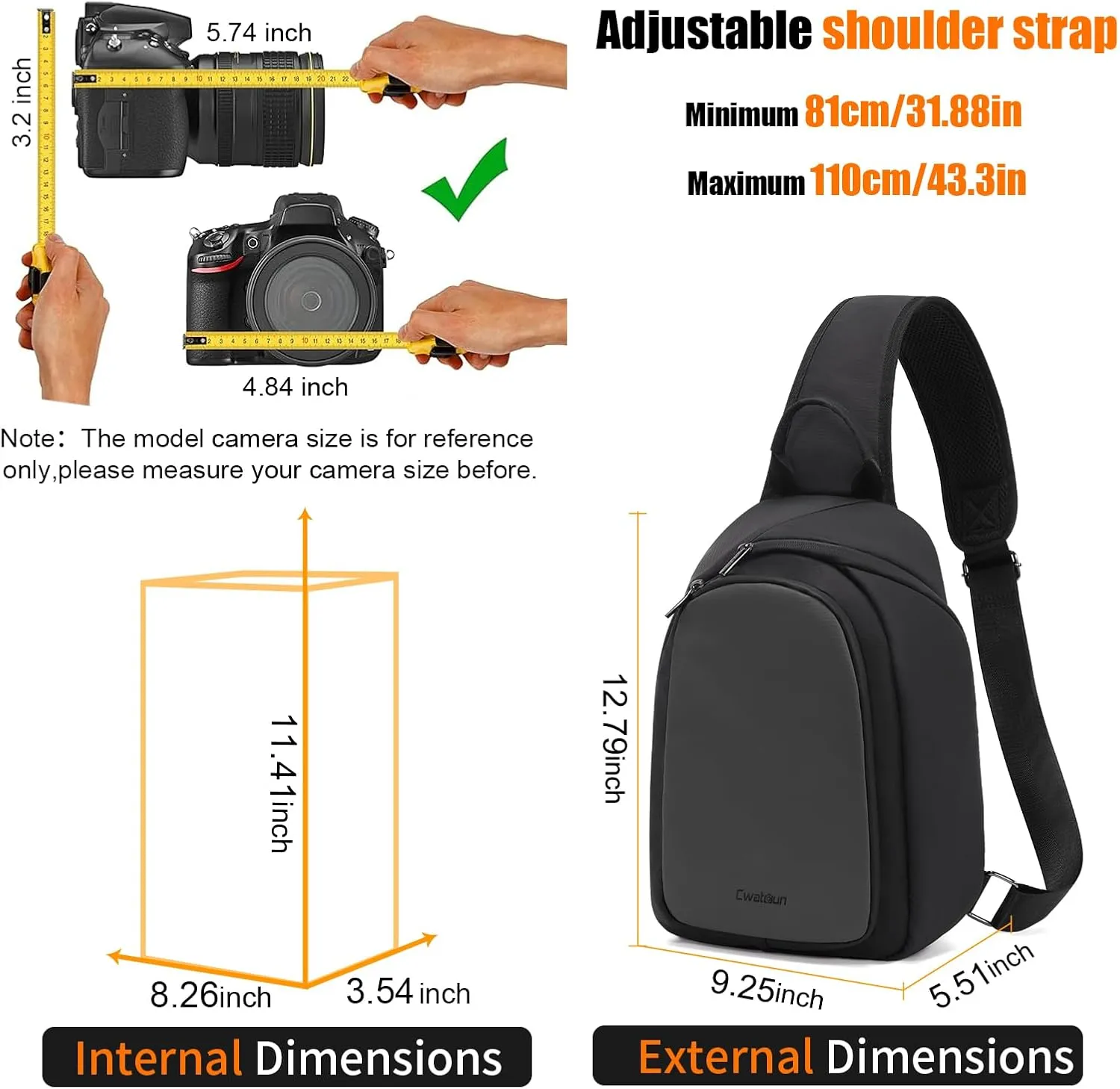 Cwatcun Camera Sling Bag Small, DSLR/SLR/Mirrorless Compact Camera Bag, Water-resistant Camera Shoulder Case Crossbody Photography Purse Compatible with Canon Nikon Sony Fuji Camera,Lens,Black