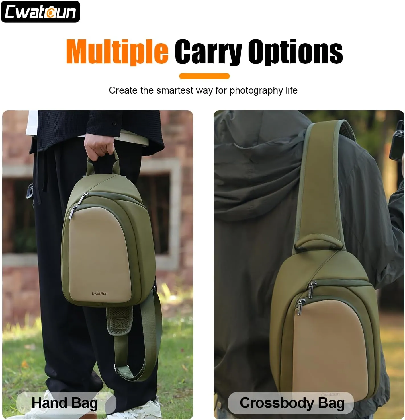 Cwatcun Camera Sling Bag Small DSLR/SLR/Mirrorless Compact Camera Bag Water-resistant Camera Shoulder Case Crossbody Photography Purse Compatible with Canon/Nikon/Sony/Fuji Camera,Lens,Green