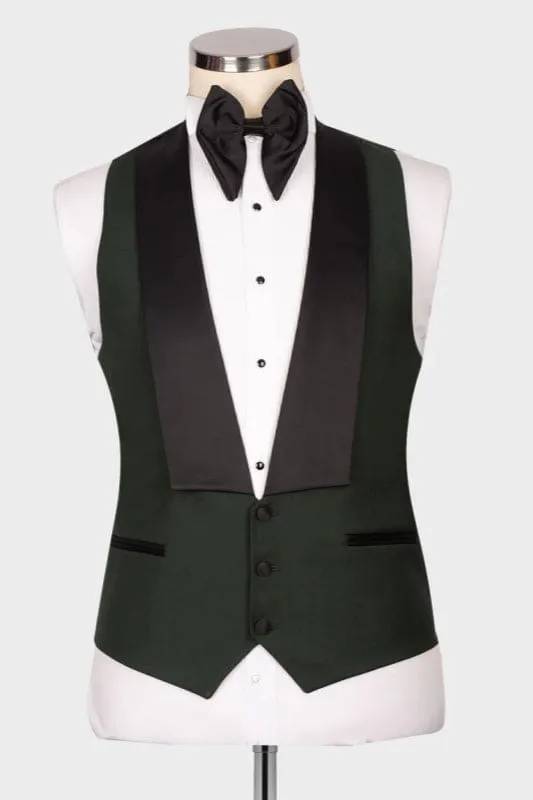 Dark Green Satin Three Pieces Business Suits with Black Peaked Lapel Slim Fit Bow Tie Wedding Suit