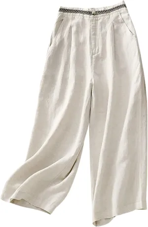 DASAYO Boho Linen Pants Women Trendy High Waisted Cropped Palazzo Pants Ladies Wide Leg Beach Casual Trousers with Pockets