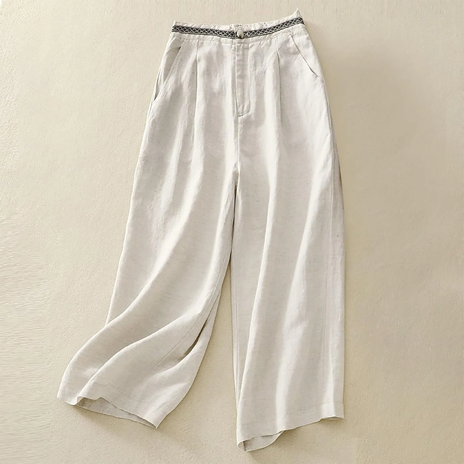 DASAYO Boho Linen Pants Women Trendy High Waisted Cropped Palazzo Pants Ladies Wide Leg Beach Casual Trousers with Pockets