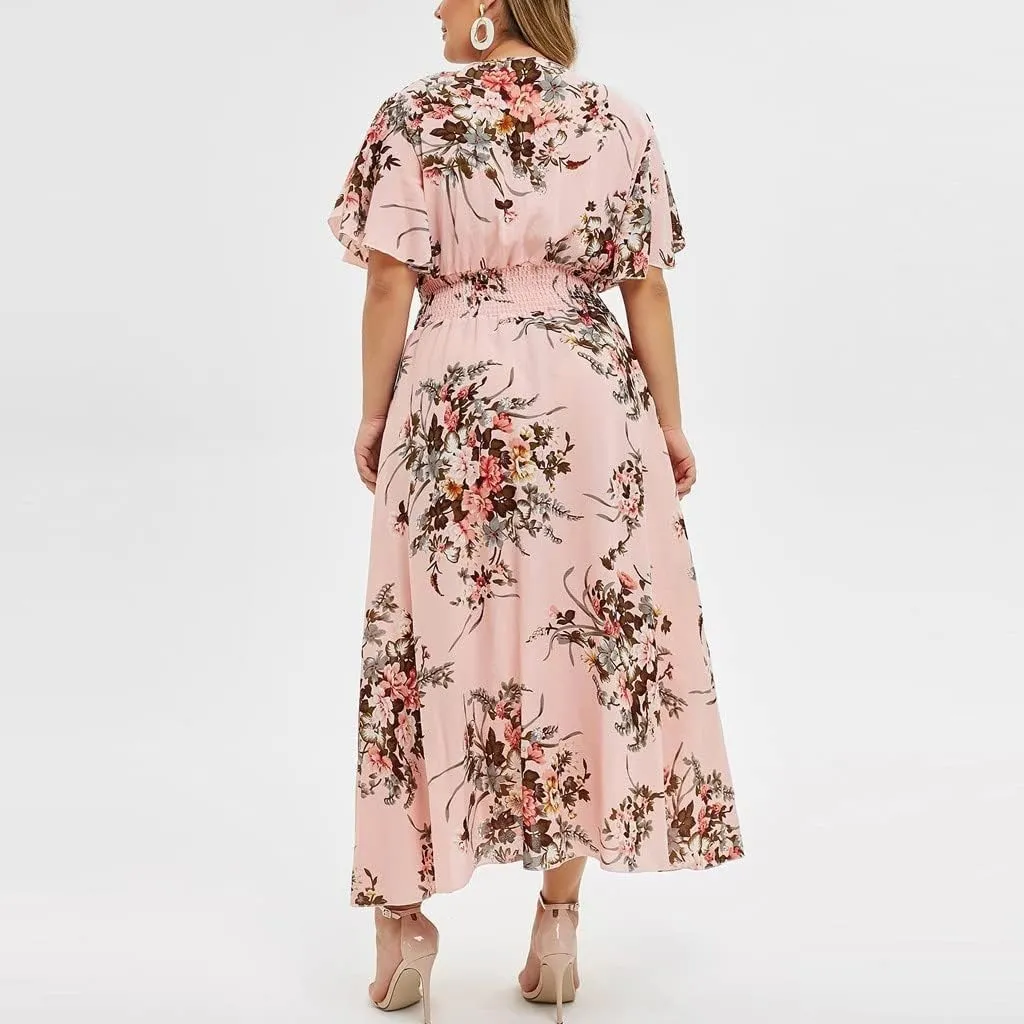 DASAYO Floral Dresses for Women Summer Casual Swing Chiffon Dress Short Sleeve Elastic Waist Wrap Plus Size Midi Sundress
