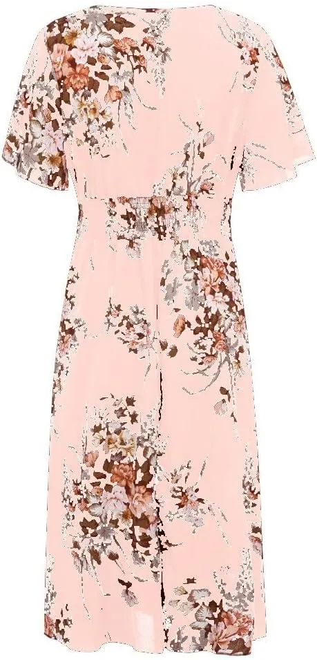 DASAYO Floral Dresses for Women Summer Casual Swing Chiffon Dress Short Sleeve Elastic Waist Wrap Plus Size Midi Sundress