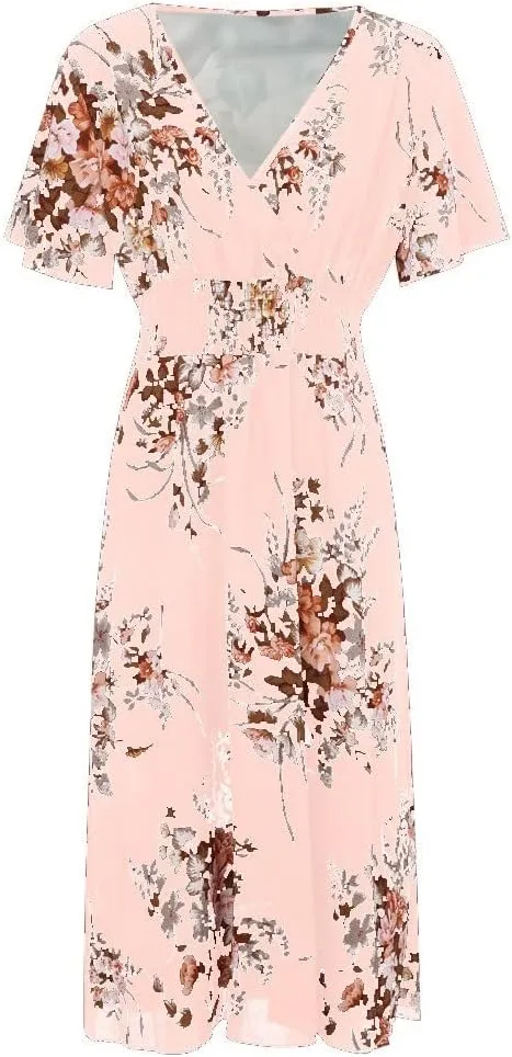 DASAYO Floral Dresses for Women Summer Casual Swing Chiffon Dress Short Sleeve Elastic Waist Wrap Plus Size Midi Sundress