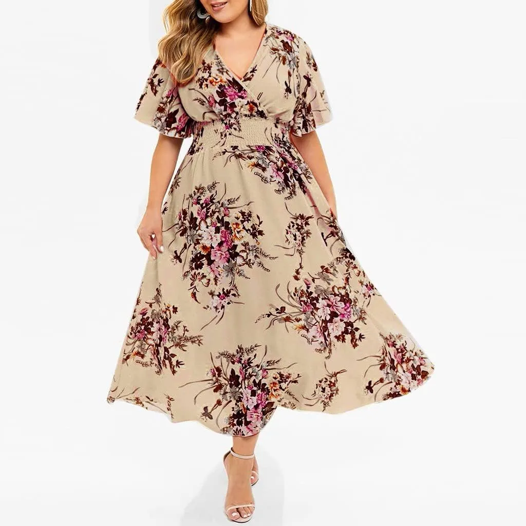 DASAYO Floral Dresses for Women Summer Casual Swing Chiffon Dress Short Sleeve Elastic Waist Wrap Plus Size Midi Sundress