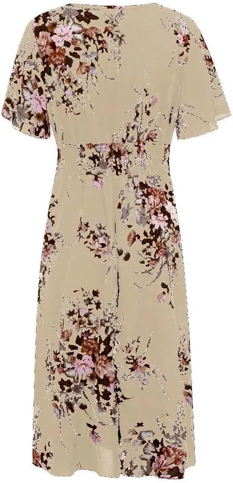 DASAYO Floral Dresses for Women Summer Casual Swing Chiffon Dress Short Sleeve Elastic Waist Wrap Plus Size Midi Sundress