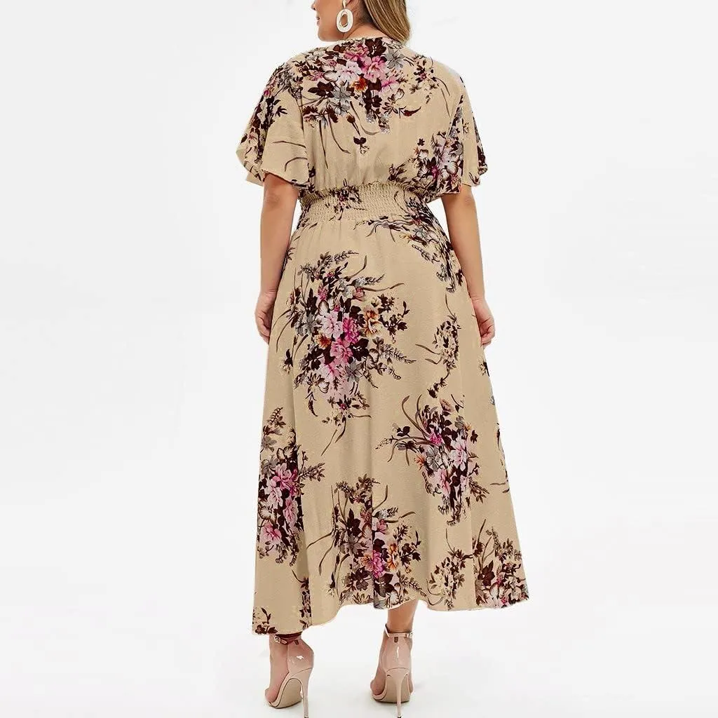 DASAYO Floral Dresses for Women Summer Casual Swing Chiffon Dress Short Sleeve Elastic Waist Wrap Plus Size Midi Sundress