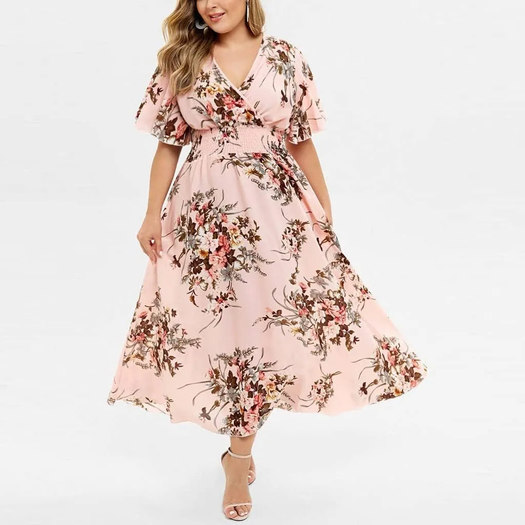 DASAYO Floral Dresses for Women Summer Casual Swing Chiffon Dress Short Sleeve Elastic Waist Wrap Plus Size Midi Sundress
