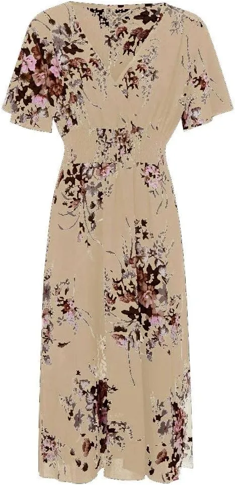 DASAYO Floral Dresses for Women Summer Casual Swing Chiffon Dress Short Sleeve Elastic Waist Wrap Plus Size Midi Sundress