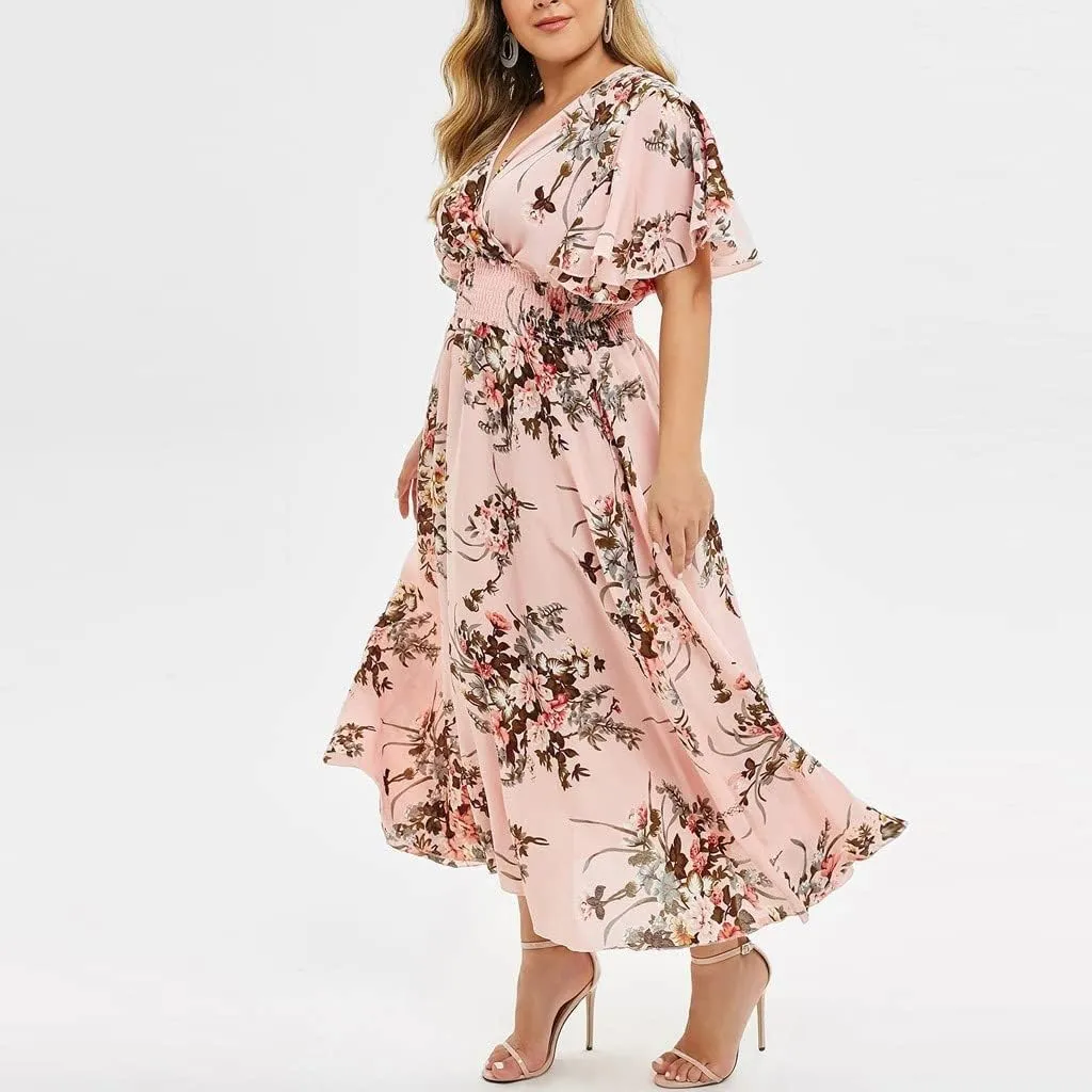 DASAYO Floral Dresses for Women Summer Casual Swing Chiffon Dress Short Sleeve Elastic Waist Wrap Plus Size Midi Sundress