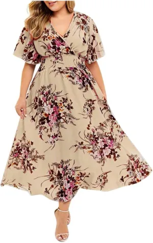 DASAYO Floral Dresses for Women Summer Casual Swing Chiffon Dress Short Sleeve Elastic Waist Wrap Plus Size Midi Sundress