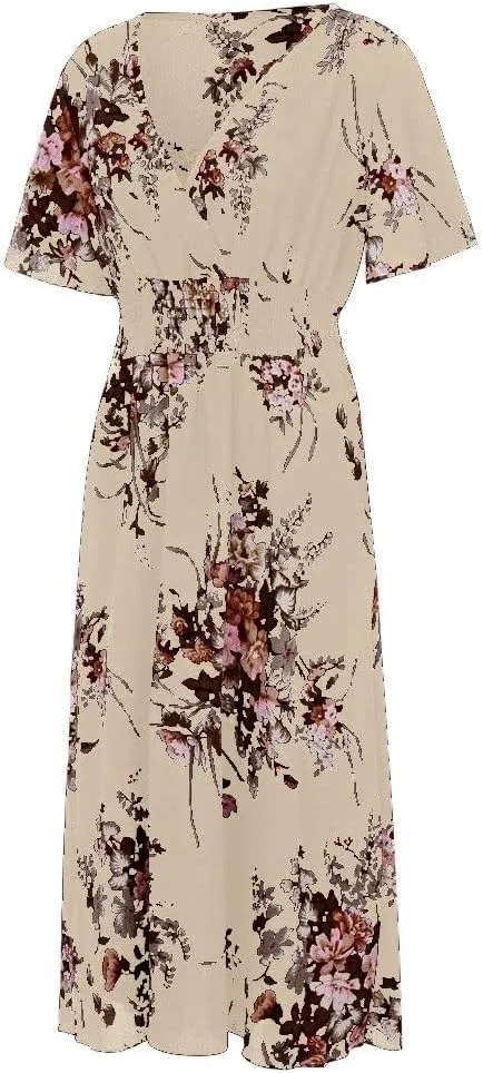 DASAYO Floral Dresses for Women Summer Casual Swing Chiffon Dress Short Sleeve Elastic Waist Wrap Plus Size Midi Sundress