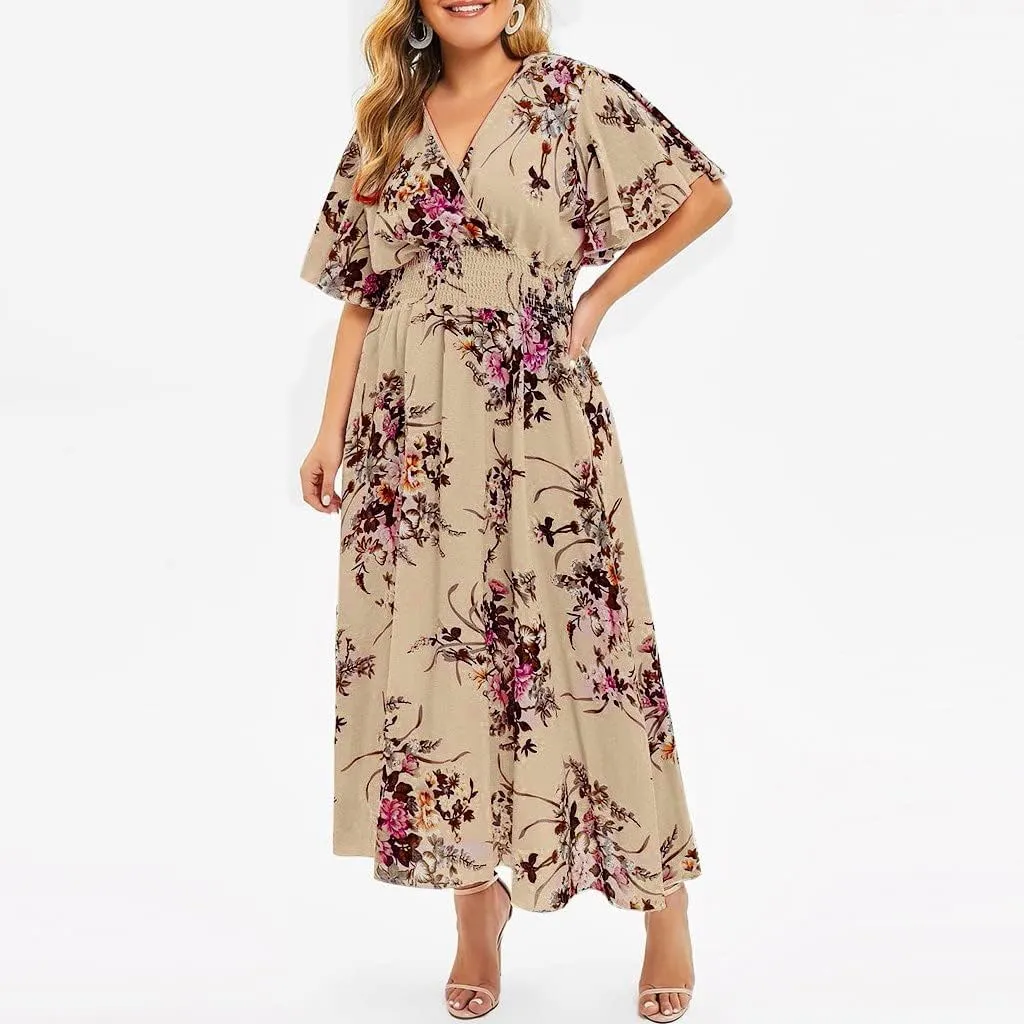 DASAYO Floral Dresses for Women Summer Casual Swing Chiffon Dress Short Sleeve Elastic Waist Wrap Plus Size Midi Sundress