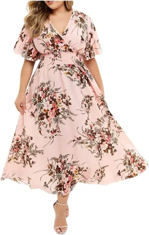 DASAYO Floral Dresses for Women Summer Casual Swing Chiffon Dress Short Sleeve Elastic Waist Wrap Plus Size Midi Sundress