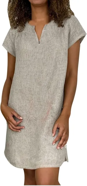 DASAYO Plus Size Linen Dresses for Women Short Sleeve Summer Tshirt Dress V Neck Loose Fit Solid Color Trendy Dresses