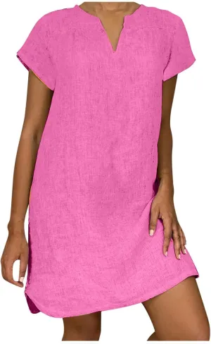 DASAYO Plus Size Linen Dresses for Women Short Sleeve Summer Tshirt Dress V Neck Loose Fit Solid Color Trendy Dresses
