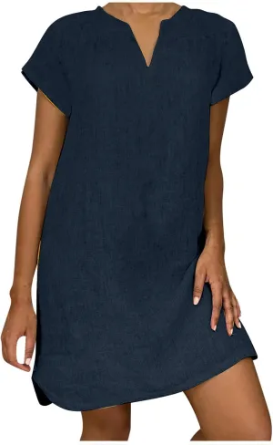 DASAYO Plus Size Linen Dresses for Women Short Sleeve Summer Tshirt Dress V Neck Loose Fit Solid Color Trendy Dresses
