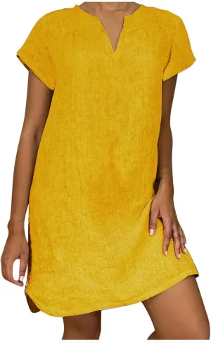 DASAYO Plus Size Linen Dresses for Women Short Sleeve Summer Tshirt Dress V Neck Loose Fit Solid Color Trendy Dresses