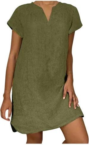 DASAYO Plus Size Linen Dresses for Women Short Sleeve Summer Tshirt Dress V Neck Loose Fit Solid Color Trendy Dresses