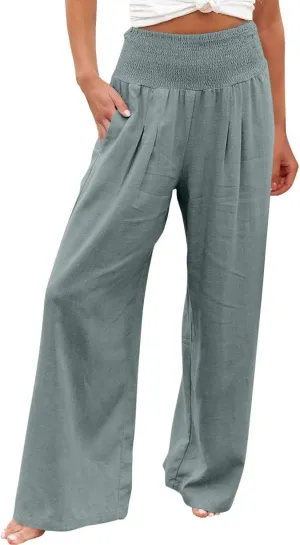 DASAYO Women's Lounge Baggy Long Pants Wide Leg High Waist Palazzo Pant Summer Beach Casual Solid Pocket Loose Linen Trousers