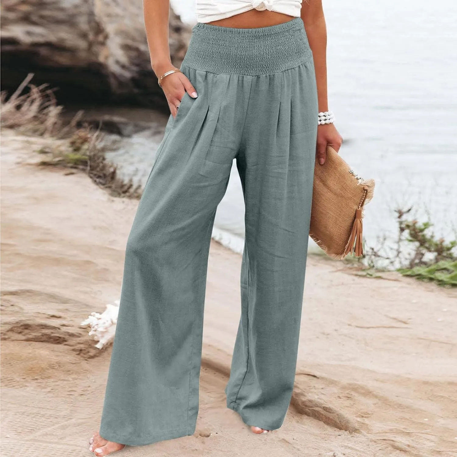DASAYO Women's Lounge Baggy Long Pants Wide Leg High Waist Palazzo Pant Summer Beach Casual Solid Pocket Loose Linen Trousers