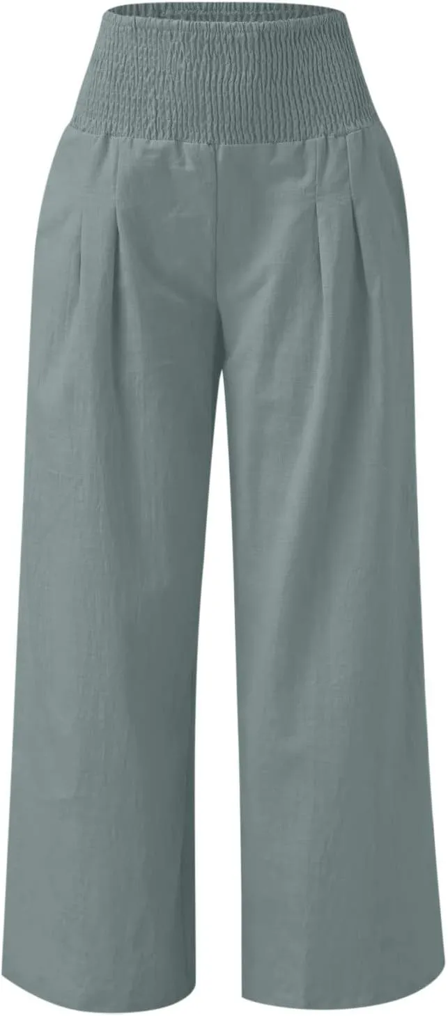 DASAYO Women's Lounge Baggy Long Pants Wide Leg High Waist Palazzo Pant Summer Beach Casual Solid Pocket Loose Linen Trousers
