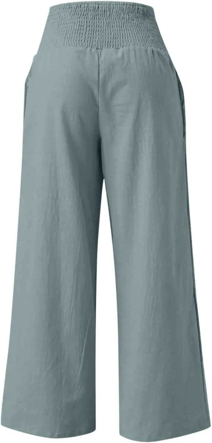 DASAYO Women's Lounge Baggy Long Pants Wide Leg High Waist Palazzo Pant Summer Beach Casual Solid Pocket Loose Linen Trousers