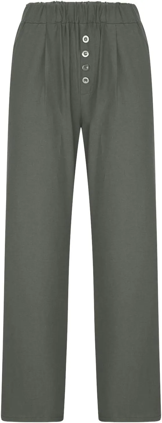 DASAYO Womens Lounge Cropped Pant Trousers Cotton Linen Button Crop Straight Pants Loose Trendy Spring Summer Trouser Bottoms