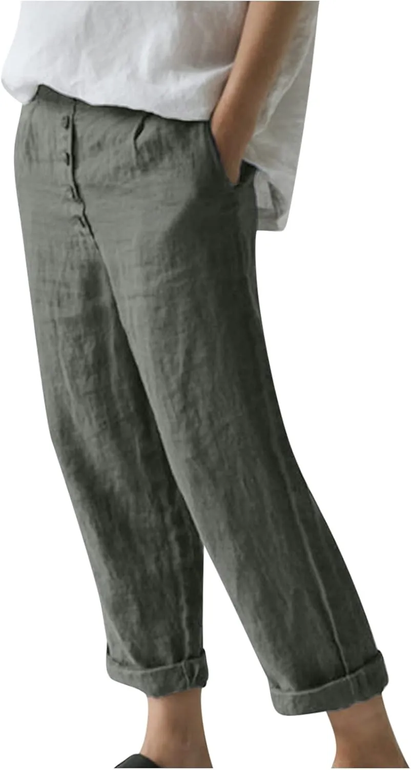 DASAYO Womens Lounge Cropped Pant Trousers Cotton Linen Button Crop Straight Pants Loose Trendy Spring Summer Trouser Bottoms