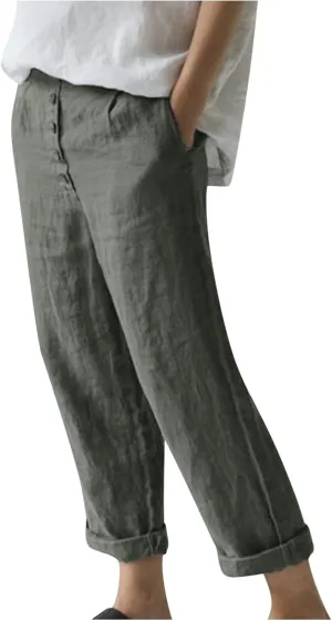 DASAYO Womens Lounge Cropped Pant Trousers Cotton Linen Button Crop Straight Pants Loose Trendy Spring Summer Trouser Bottoms