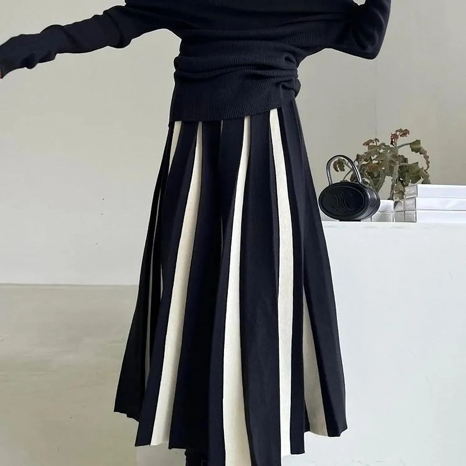 Dawery Patchwork Knitted Long Skirt Women Spring High Waist Pleated Skirt Woman Striped Mixed Color Midi Skirts