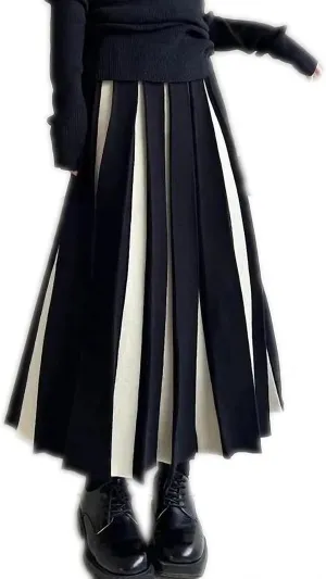Dawery Patchwork Knitted Long Skirt Women Spring High Waist Pleated Skirt Woman Striped Mixed Color Midi Skirts