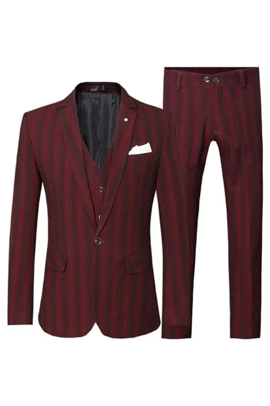Deep Red Notched Lapel Three Pieces Striped Prom Suits Slim Fit