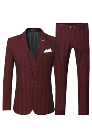 Deep Red Notched Lapel Three Pieces Striped Prom Suits Slim Fit