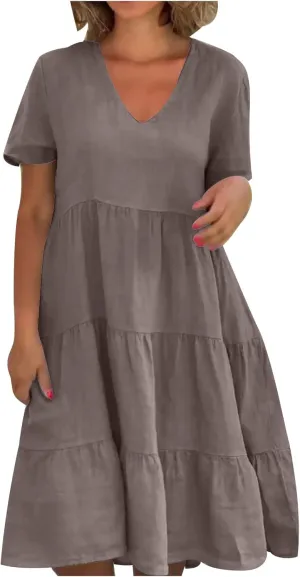 Deep V-Neck Tiered Dress for Womens Solid Short Sleeve Tunic Dress Cotton Linen Dress Casual Summer Plus Size Sundress Brown, X-Large