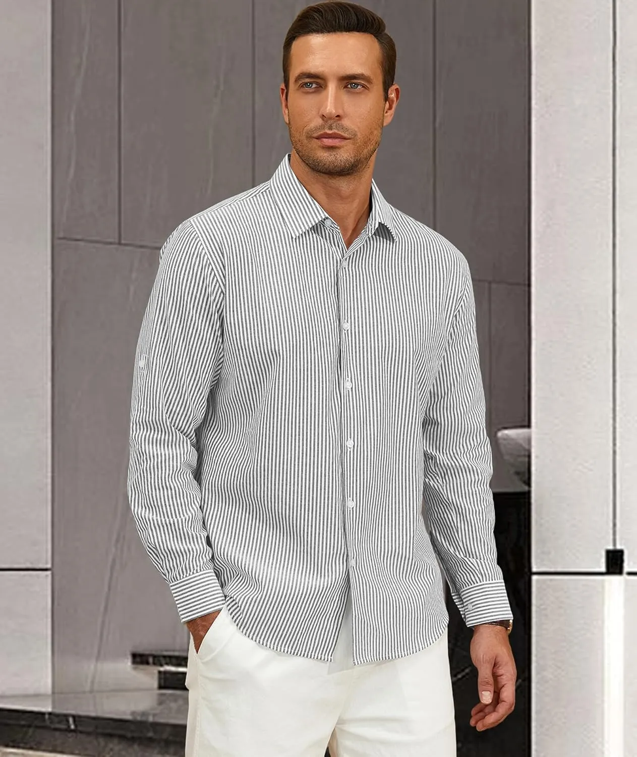 Deer Lady Mens Long Sleeve Button Down Shirt Striped Casual Cotton Business Summer Beach Wedding Dress Shirts
