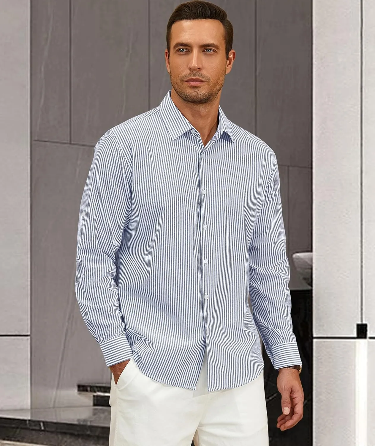 Deer Lady Mens Long Sleeve Button Down Shirt Striped Casual Cotton Business Summer Beach Wedding Dress Shirts