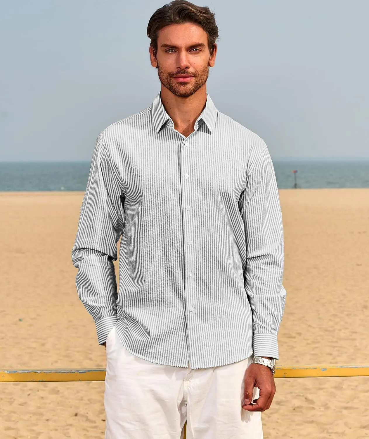 Deer Lady Mens Long Sleeve Button Down Shirt Striped Casual Cotton Business Summer Beach Wedding Dress Shirts