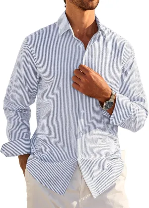 Deer Lady Mens Long Sleeve Button Down Shirt Striped Casual Cotton Business Summer Beach Wedding Dress Shirts