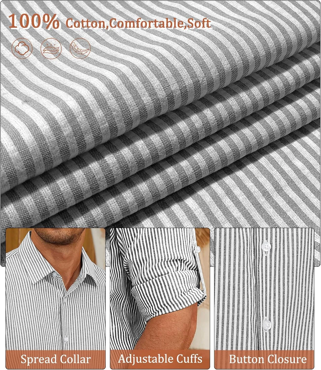 Deer Lady Mens Long Sleeve Button Down Shirt Striped Casual Cotton Business Summer Beach Wedding Dress Shirts