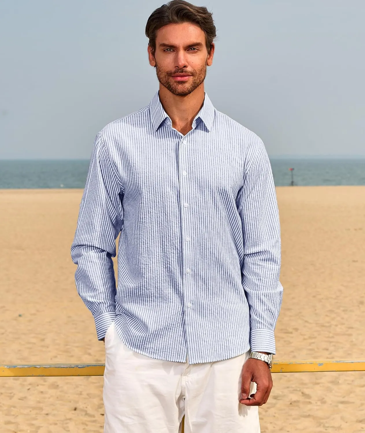 Deer Lady Mens Long Sleeve Button Down Shirt Striped Casual Cotton Business Summer Beach Wedding Dress Shirts