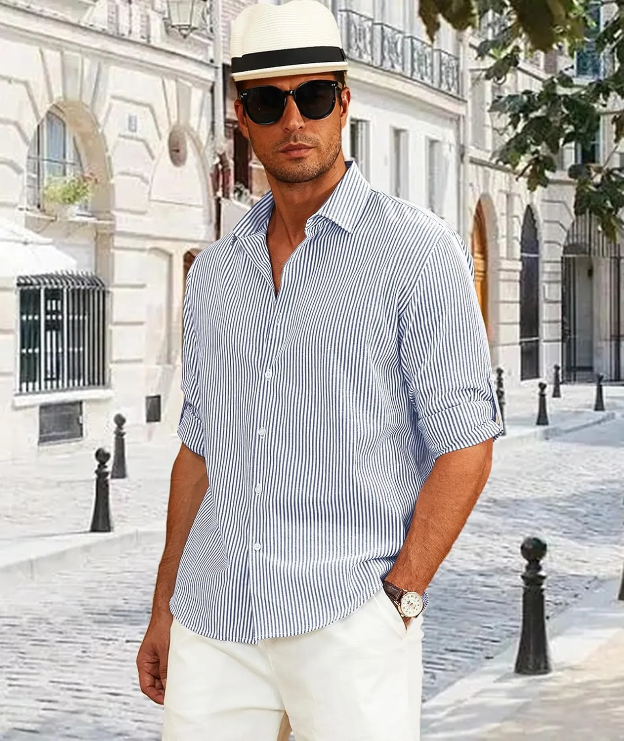 Deer Lady Mens Long Sleeve Button Down Shirt Striped Casual Cotton Business Summer Beach Wedding Dress Shirts