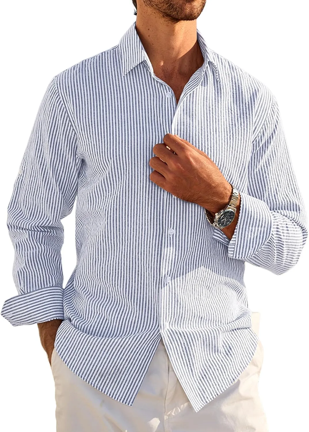 Deer Lady Mens Long Sleeve Button Down Shirt Striped Casual Cotton Business Summer Beach Wedding Dress Shirts