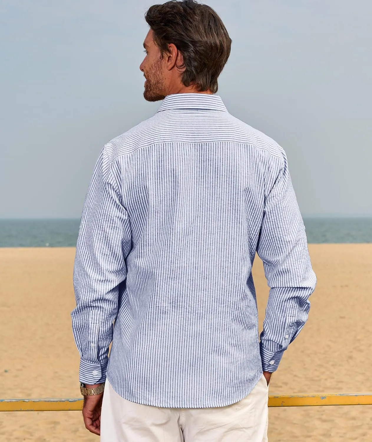 Deer Lady Mens Long Sleeve Button Down Shirt Striped Casual Cotton Business Summer Beach Wedding Dress Shirts