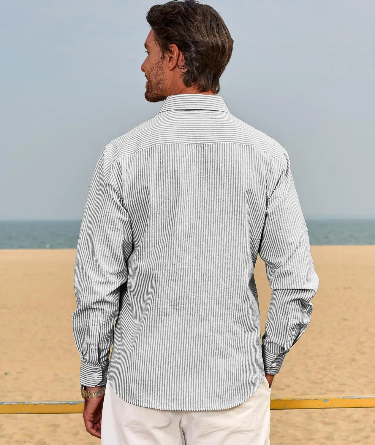 Deer Lady Mens Long Sleeve Button Down Shirt Striped Casual Cotton Business Summer Beach Wedding Dress Shirts