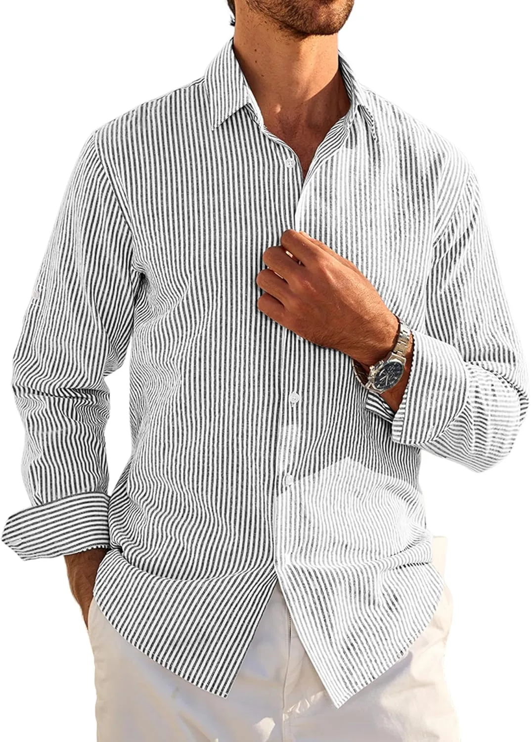 Deer Lady Mens Long Sleeve Button Down Shirt Striped Casual Cotton Business Summer Beach Wedding Dress Shirts