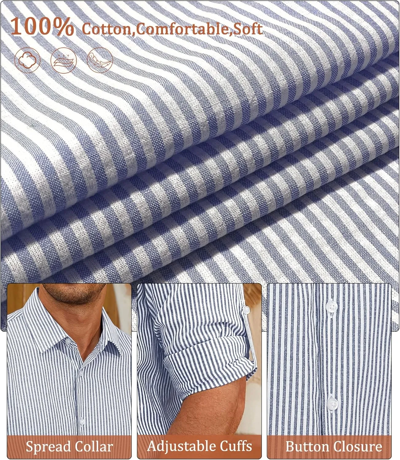 Deer Lady Mens Long Sleeve Button Down Shirt Striped Casual Cotton Business Summer Beach Wedding Dress Shirts