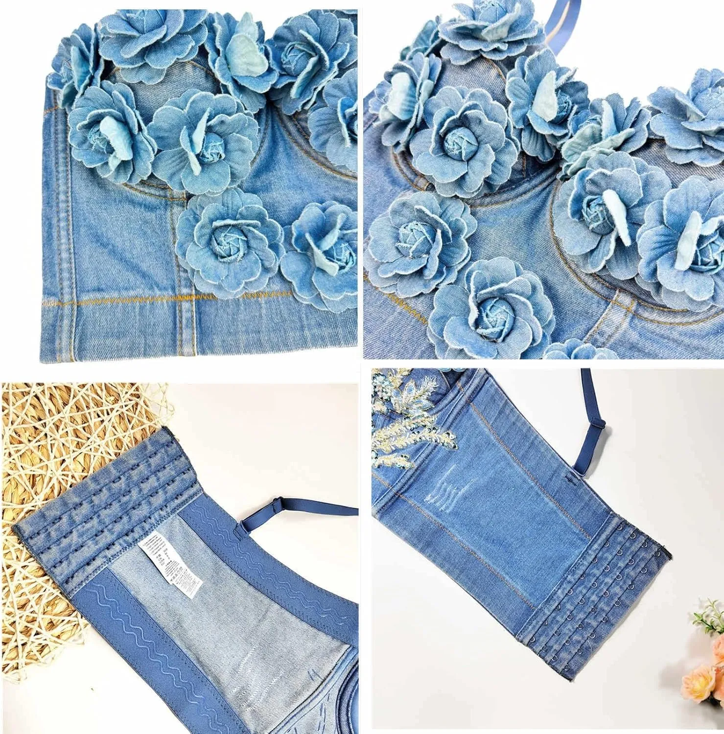 Denim Beaded Rhinestone Diamond Corset Top for Women Sexy Glitter Shapewear Camisole Party Club Rave Festival Clothing