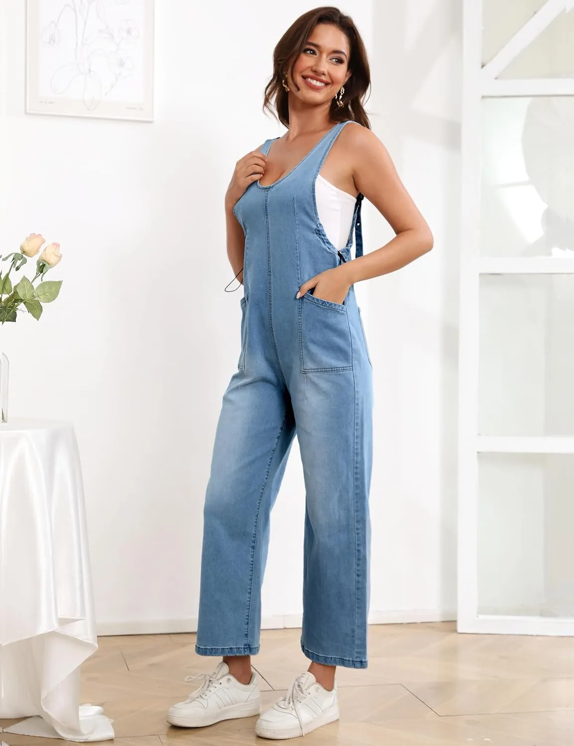 Denim Jumpsuits for Women Casual Sleeveless Loose Fit Baggy Overalls Jeans Pants Jumpers with Pockets 2024