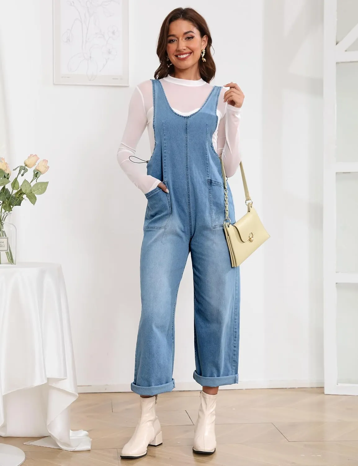 Denim Jumpsuits for Women Casual Sleeveless Loose Fit Baggy Overalls Jeans Pants Jumpers with Pockets 2024